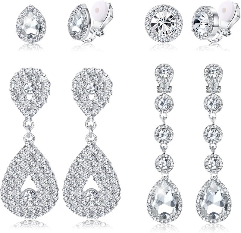 Jstyle 4 Pairs Silver Clip on Earrings for Women Elegant Rhinestone Clip on Earrings Dangle Drop for Brides Bridesmaids Non Pierced Earrings Set - Image 1